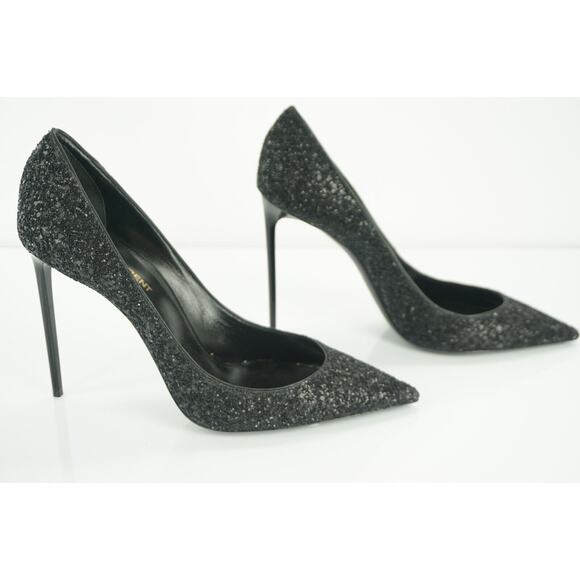 Saint Laurent Zoe 110MM Super Black Glitter Pointy Toe Pumps SZ 38.5 NIB $795 - Picture 5 of 11